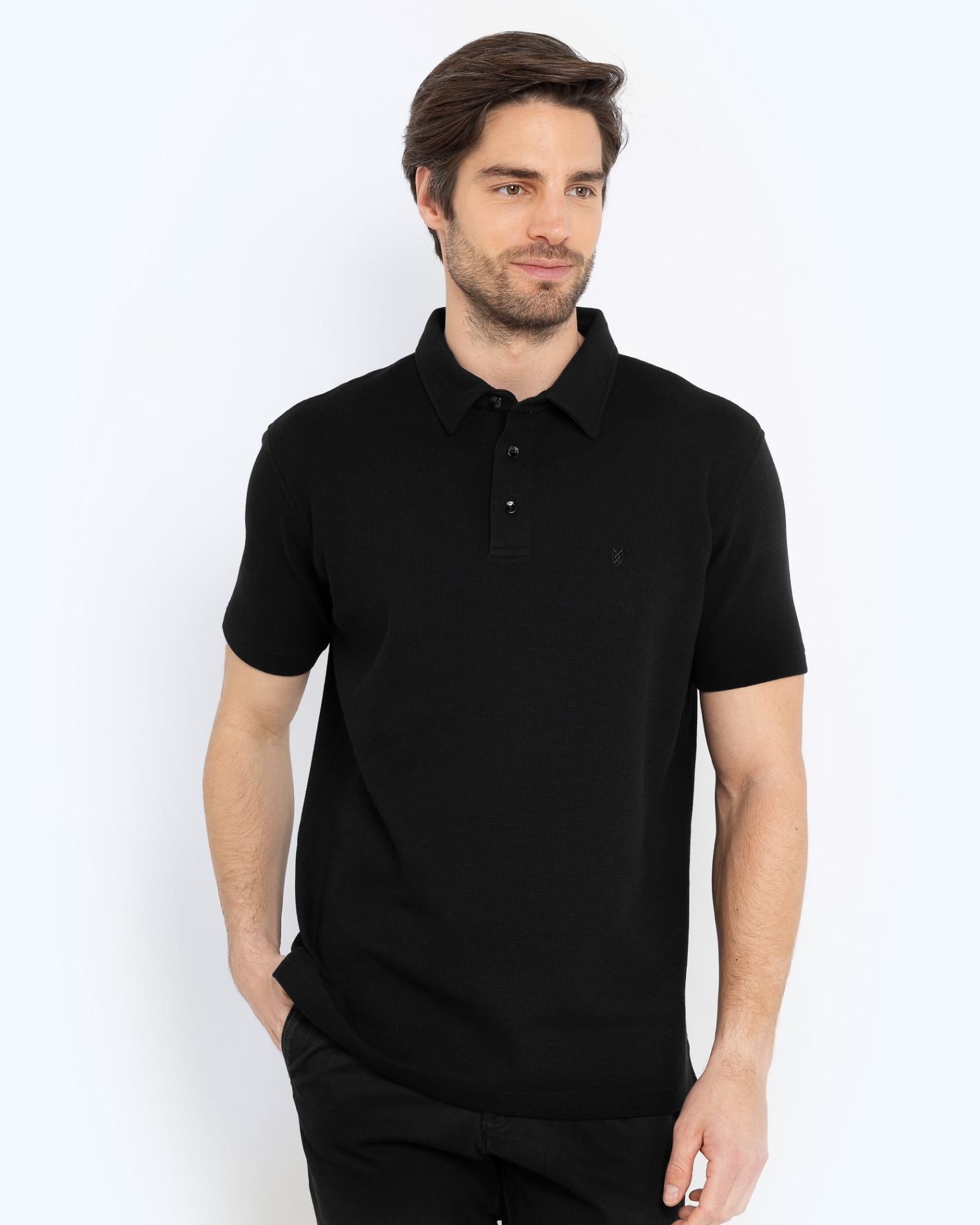 POLO PIQUE WAFFLE REGULAR FIT ΜΑΥΡΟ