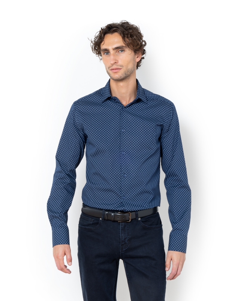 ΠΟΥΚΑΜΙΣΟ PRINT ΜΠΛΕ ΠΟΠΛΙΝΑ SLIM FIT