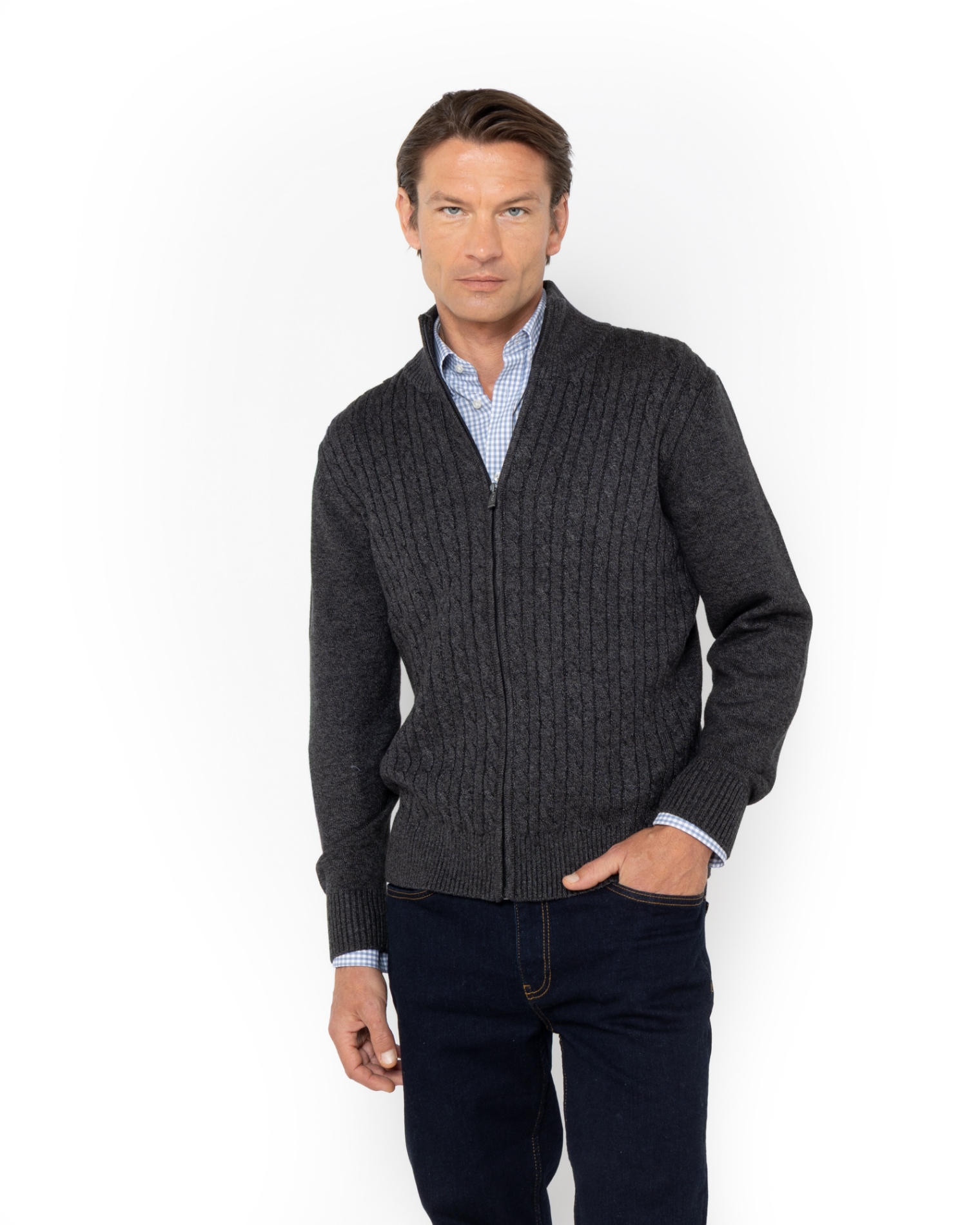 ΑΝΔΡΙΚΗ ΠΛΕΚΤΗ ΒΑΜΒΑΚΕΡΗ ΖΑΚΕΤΑ REGULAR FIT ΣΕ ΣΚΟΥΡΟ ΓΚΡΙ ΧΡΩΜΑ